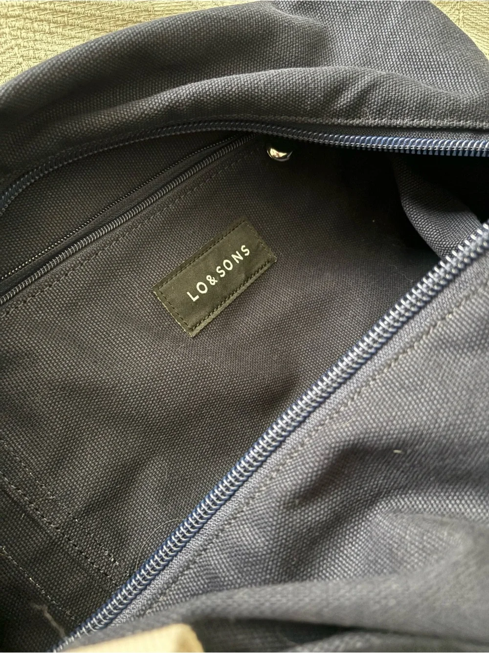 Lo & Sons Navy Duffel Tote with Cream Handles